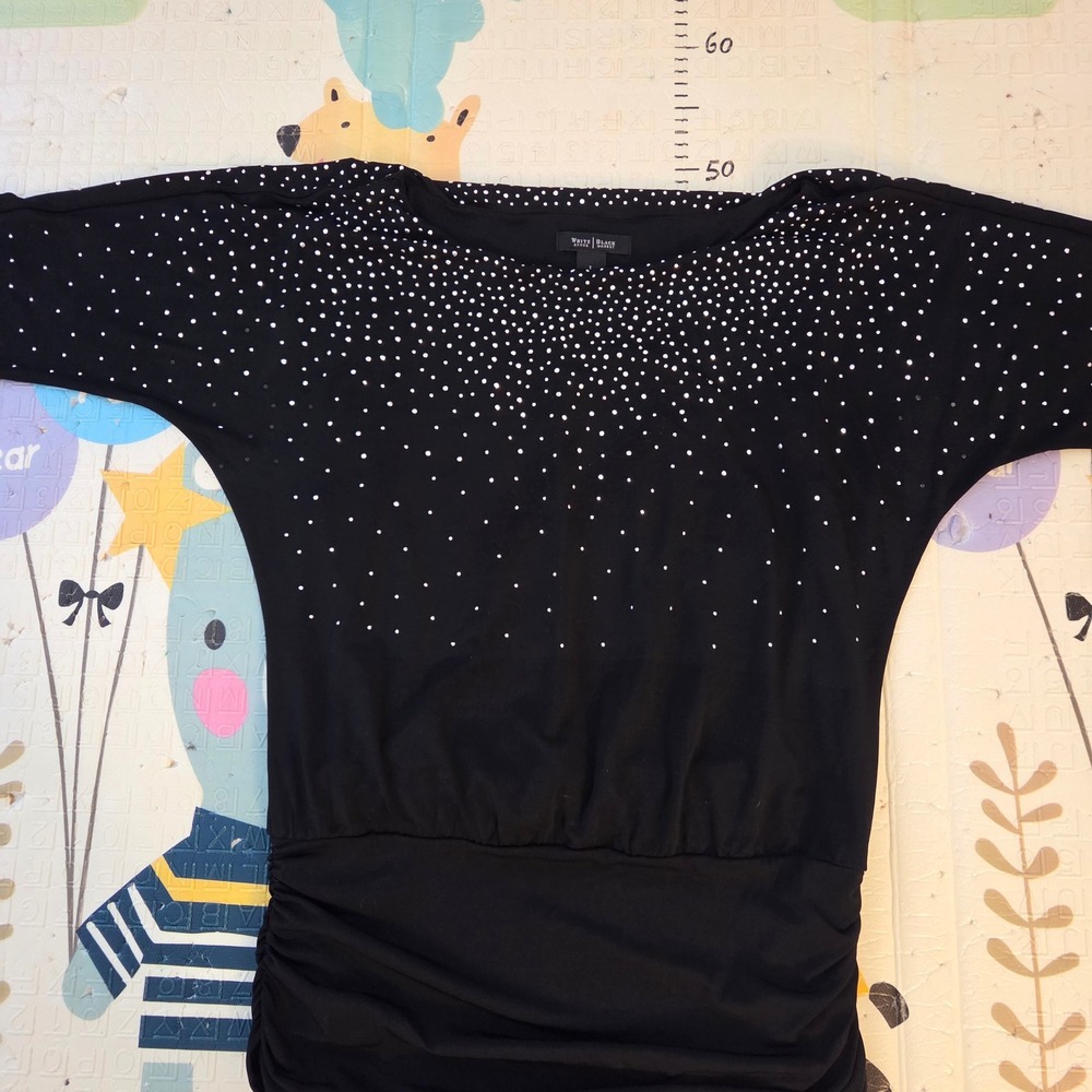 White House Black Market Black Rhinestone Dolman Ruched Top Blouse Large